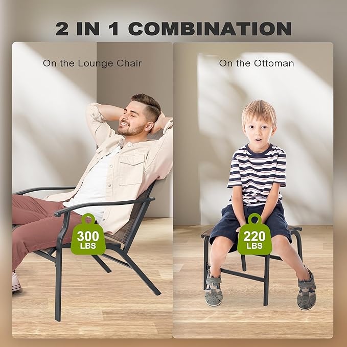 NUU GARDEN Outdoor Patio Chair, Patio Dining Chair with Ottoman, All-Weather Textilene Chair with Metal Frame, Outdoor Portable Chairs for Patio, Backyard, Deck, Brown