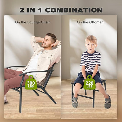 NUU GARDEN Outdoor Patio Chair, Patio Dining Chair with Ottoman, All-Weather Textilene Chair with Metal Frame, Outdoor Portable Chairs for Patio, Backyard, Deck, Brown