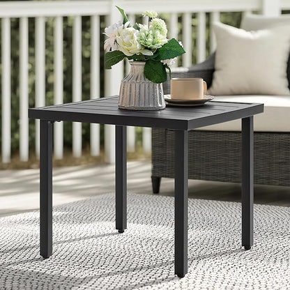 NUU GARDEN Square Outdoor Side Table with Slatted Top and Adjustable Feet, Powder-Coated Metal Patio Table, All-Weather Patio Coffee Table for Backyard Pool Porch Garden Lawn, Black