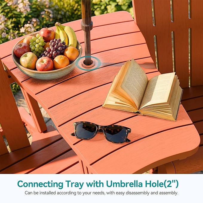 Vongrasig Adirondack Chairs Set of 2 with Removable Tabletop and Footrest, All-Weather HDPE Outdoor Chair Set with Wooden Textured, Cup Holder for Patio, Poolside, Deck, Garden, Orange