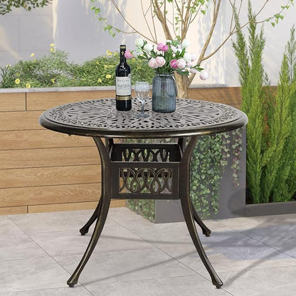 VIVIJASON 35.4" Outdoor Patio Dining Round Table Bronze Cast Aluminum Rustic Large Patio Table with Umbrella Hole