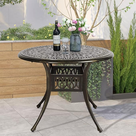 VIVIJASON 35.4" Outdoor Patio Dining Round Table Bronze Cast Aluminum Rustic Large Patio Table with Umbrella Hole