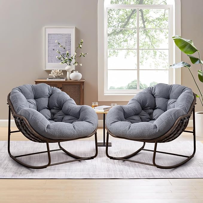 Large Indoor Rocking Chair Set of 2, Oversized Rocking Papasan Chair with Thick Cushion and Frame,Comfy Teddy Rocker Wicker Egg Chairs Lounge Reading Chair for Living Room, Bedroom, Dark Grey