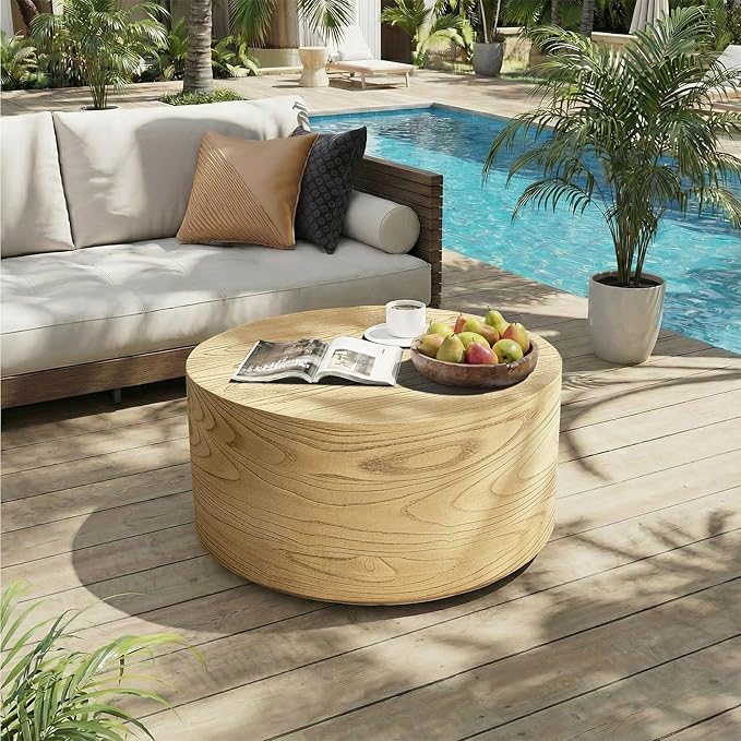 UPHA 28" Round Outdoor Coffee Table, Modern Hollow Concrete Patio Table, Small Minimalist Low Accent Table for Living Room, Balcony, Deck, Backyard, Natural Wood Finish