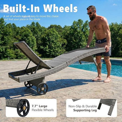 Wicker Outdoor Lounge Chairs with Rolling Wheels, Pool Lounge Chairs Set of 2, Rattan Outdoor Lounger with Pull Out Side Table, Adjustable Backrest Patio Chaise Lounges, Gray