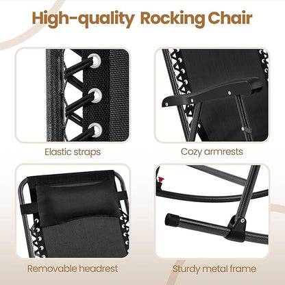 Yaheetech 26in Rocking Chair Outdoor Zero Gravity Folding Chairs Rocking Chairs Foldable Outdoor Reclining Lounge Chair for Outside Lawn with Cupholder/Pillow Ergonomic Design for Rest, Black