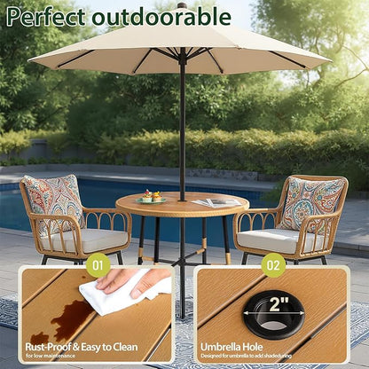 VINGLI 35.4" Round Outdoor Dining Table with Umbrella Hole, Weather-Resistant Wicker Patio Dining Table Outdoor Furniture Garden Table for Backyard Balcony Porch and Poolside