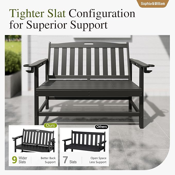 Sophia & William HDPE Outdoor Bench Weatherproof, 2-Person Garden Bench with Cup Holders, 700 lbs Capacity, Patio Benches for Porch, Garden, Backyard and Park, Black