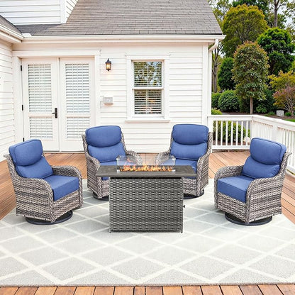 Luxury High Back Patio Furniture Set with Fire Pit Table and 6-Inch Thick Cushions, 5-Pieces Outdoor Furniture 4 Swivel Chairs, Wicker Conversation Set for Porch, Balcony, Deck and Yard, Grey/Blue