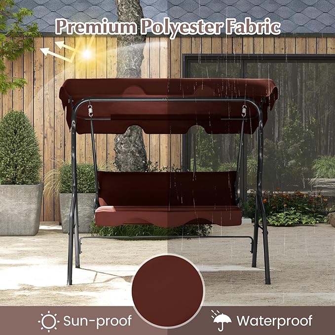 RELAX4LIFE 3-Person Porch Swing Chair - Outdoor Swing w/Adjustable Canopy, Removable Cushion & Metal Frame Stand - Photo 5