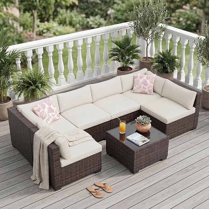 7-Piece Outdoor Patio Furniture Set, Modular Sectional Sofa with Water-Resistant Washable Thick Cushions & Coffee Table - Photo 1
