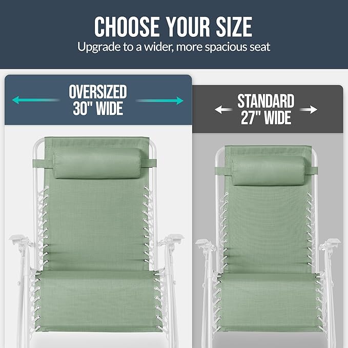 Best Choice Products Set of 2 Extra Wide Adjustable Steel Mesh Zero Gravity Lounge Chair Recliners w/Pillows and Cup Holder Trays - Sage Green/White