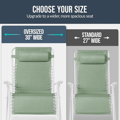 Best Choice Products Set of 2 Extra Wide Adjustable Steel Mesh Zero Gravity Lounge Chair Recliners w/Pillows and Cup Holder Trays - Sage Green/White