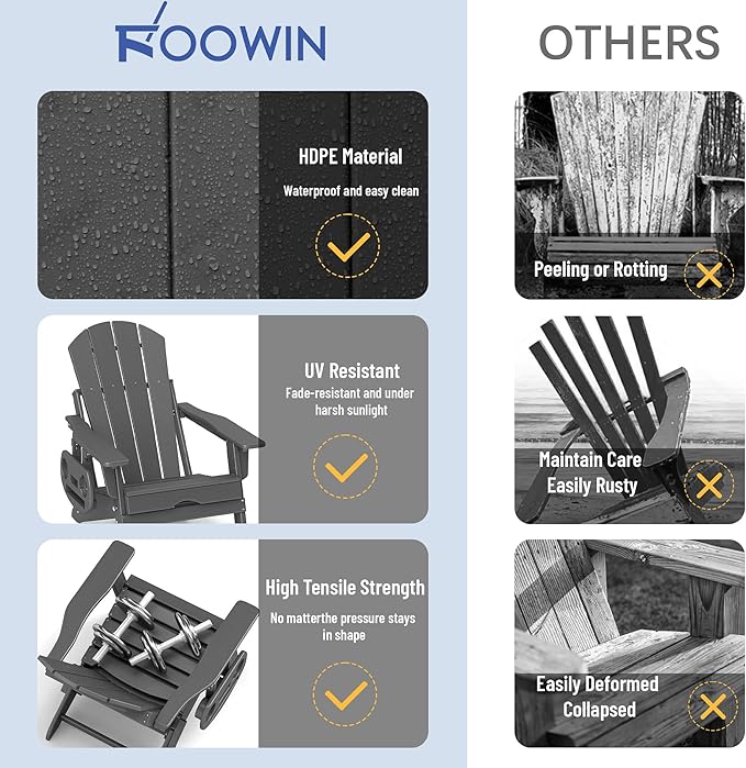 FOOWIN Adirondack Chair with Retractable Ottoman,HDPE Folding Adjustable Adirondack Chair w/4 in 1 Cup Holder Trays,All-Weather Resistant Fire Pit Chair for Outdoor Patio Lawn Set of 6