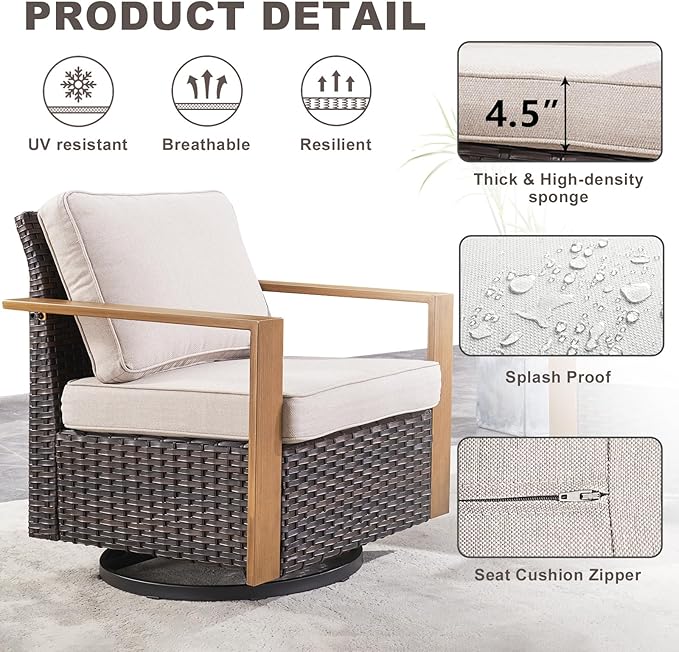 Rilyson Outdoor Wicker Patio Furniture Set - 5 Piece Patio Conversation Set with 2 Wicker Swivel Rocker Chairs,2 Rattan Ottoman and 1 Couch,Thick Cushions,Deep Seating,Wide Armrest(Brown/Beige)