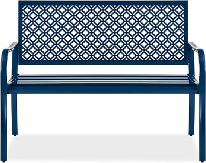 Best Choice Products Outdoor Bench 2-Person Metal Steel Benches Furniture for Garden, Patio, Porch, Entryway w/Geometric Backrest, 790lb Capacity - Peacock Blue