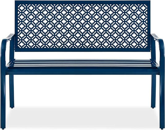 Best Choice Products Outdoor Bench 2-Person Metal Steel Benches Furniture for Garden, Patio, Porch, Entryway w/Geometric Backrest, 790lb Capacity - Peacock Blue