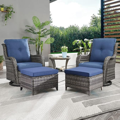 Rilyson Wicker Patio Furniture Set - 5 Piece Rattan Outdoor Sectional Conversation Sets with 2 Swivel Rocking Chairs,2 Ottomans and 1 Side Table for Porch Deck Garden(Mixed Grey/Blue)