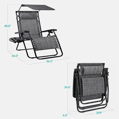 Best Choice Products 30” Wide Folding Zero Gravity Outdoor Recliner Patio Lounge Chair w/Adjustable Canopy Shade, Headrest, Side Accessory Tray - Gray