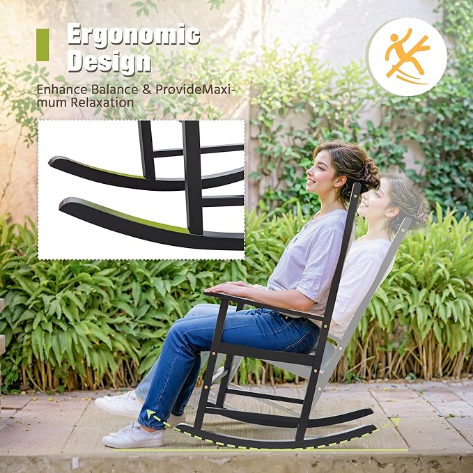 Greesum Outdoor Rocking Chairs Set of 2, Acacia High Back Oversized All-Weather Lounge Rocker with 320 lbs of Support for Patio, Garden, Deck, Porch,Black