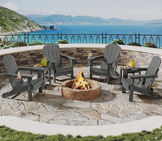 Garvee Folding Adirondack Chair Set of 4 with 2 Side Table, HDPE Outdoor Patio Chair with Cup Holder, All Weather Resistent Wooden Textured for patios, Decks, Gardens, fire Pit, Grey