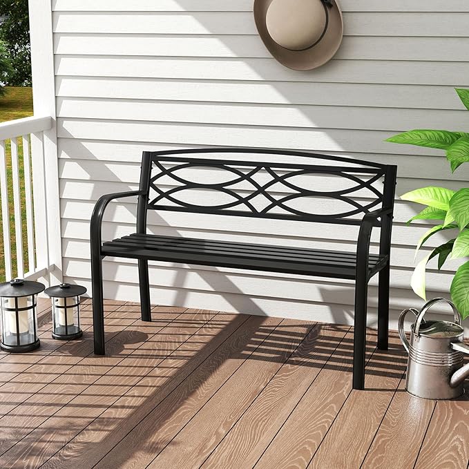 Giantex Outdoor Bench, 45.5” Patio Garden Bench with Backrest, Curved Armrests, Heavy-Duty Metal Frame, Slatted Seat, Outside Patio Seating Furniture for Backyard, Poolside, Porch, Park