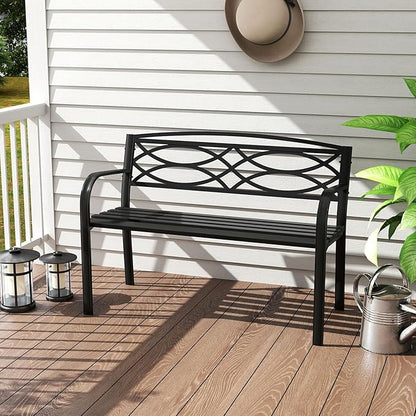 Giantex Outdoor Bench, 45.5” Patio Garden Bench with Backrest, Curved Armrests, Heavy-Duty Metal Frame, Slatted Seat, Outside Patio Seating Furniture for Backyard, Poolside, Porch, Park