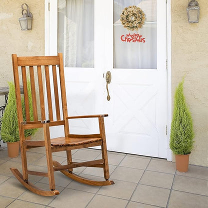 VINGLI 2PCS Wood Rocking Chairs Relaxing Rocker Real Wood High Back Seat for Deck, Garden, Backyard, Porch, Indoor or Outdoor Use, Oak