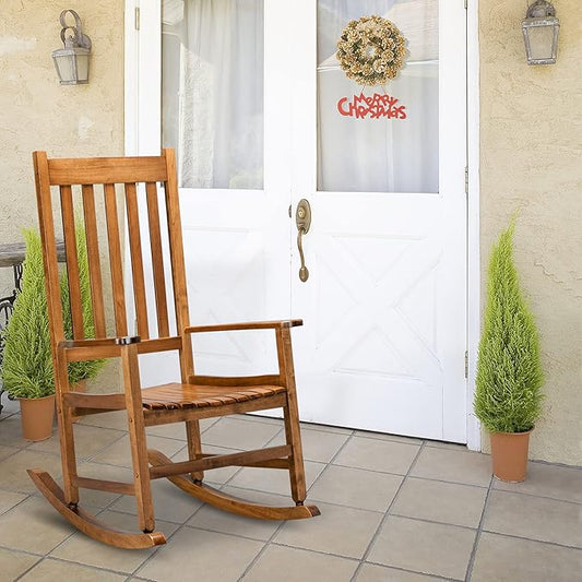 VINGLI 2PCS Wood Rocking Chairs Relaxing Rocker Real Wood High Back Seat for Deck, Garden, Backyard, Porch, Indoor or Outdoor Use, Oak