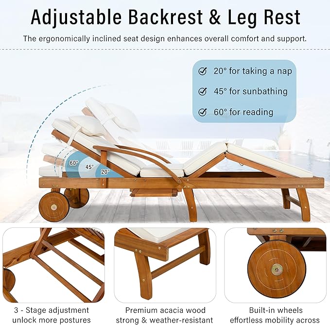 LUMISOL Acacia Wood Chaise Lounge Chair Set of 2, Patio Outdoor Chaise Lounge with Cushions, Adjustable Backrest, Leg Rest, Headrest, Retractable Side Tray for Patio, Pool, Garden, Beige