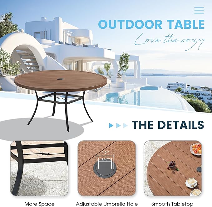 Patio Dining Table for 6-8, Round Metal Outdoor Table with 1.57" Umbrella Hole - Photo 5