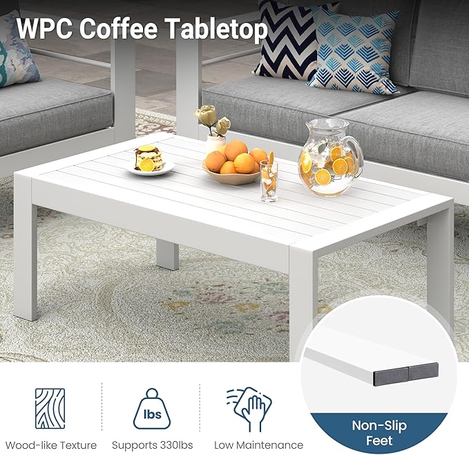 Wisteria Lane Aluminum Outdoor Furniture Patio Coffee Table, All-Weather Outdoor Metal Coffee Table, Modern Rectangle Coffee Table for Balcony, Garden, White