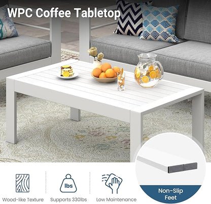 Wisteria Lane Aluminum Outdoor Furniture Patio Coffee Table, All-Weather Outdoor Metal Coffee Table, Modern Rectangle Coffee Table for Balcony, Garden, White
