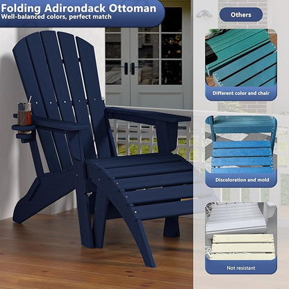 Plawdlik Folding Ottoman for Adirondack Chair–HDPE All-Weather Footrest for Outdoor Use, Garden & Poolside– Anti-Cracking, Fade-Resistant, Easy Assembly–Navy