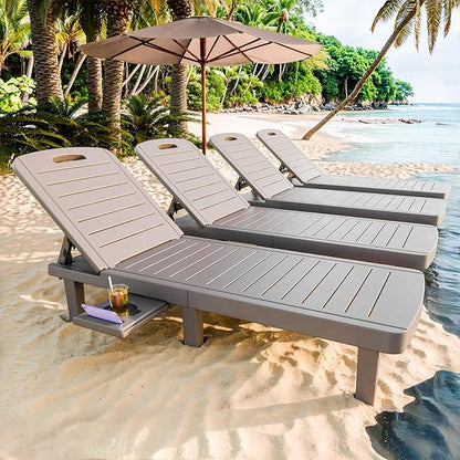 CDCASA Outdoor Chaise Lounge Set of 4, Pool Lounge Chairs w/5 Adjustable Positions & Side Tray, Waterproof Resin Lounges for Poolside,Yard, Garden, Sunbathing, for All Weather, Taupe