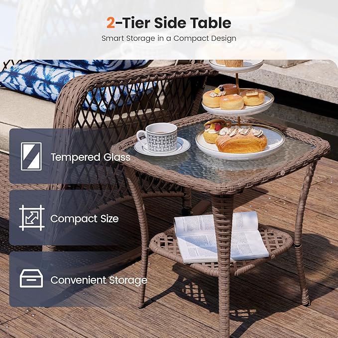 UDPATIO 3 Piece Patio Furniture Set, Wicker Rocking Bistro Set with 2 Rockers, 1 Side Table and 4‘’ Thick Cushions for Backyard, Porch, Balcony, Poolside, Brown/Beige