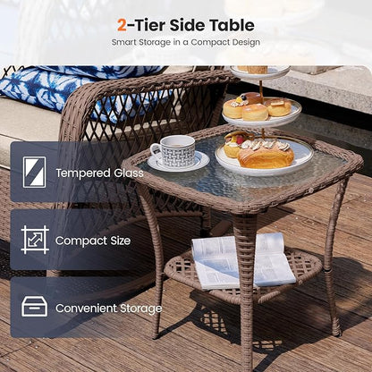 UDPATIO 3 Piece Patio Furniture Set, Wicker Rocking Bistro Set with 2 Rockers, 1 Side Table and 4‘’ Thick Cushions for Backyard, Porch, Balcony, Poolside, Brown/Beige