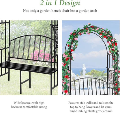 Garden Arch Heavy Duty Arbor with Bench Holds 660lbs Metal Arbor Archway for Climbing Plant & Two People Seat Bench Outdoor Lawn Backyard Decor, Black