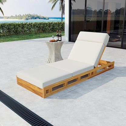 Outdoor Lounge Chaise Set with 3-Fold 4" Water-Resistant Cushion & Headrest,4-Position Adjustable Backrest Recliner,Acacia Wood Lounger Chair for Patio,Garden,Poolside,Balcony,Deck,79" D Cream,Teak