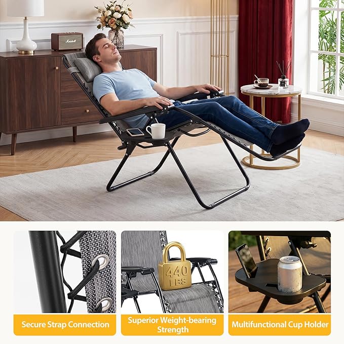 NEWBULIG Zero Gravity Chair Set of 2, Lounge Chair Folding Portable Adjustable Camping Reclining Chairs with Adjustable Pollow, Mesh Back, Cup Holder Trays Lawn Patio Chair for Pool Beach