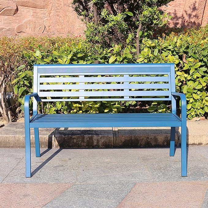 Metal Garden Bench, Outdoor Park Bench, Patio Bench Weatherproof, Porch Bench, Aluminum Alloy Frame, for Porch, Lawn, Balcony and Backyard (Color : Blue)