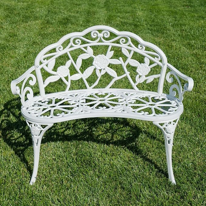 Wrought Iron Bench Curved Steel Rose Pattern Patio Garden Chair Antique Style Backyard Home Seat Loveseat Metal White Outdoor Indoor Pool Side Bristo Double Sitting Balcony Home Office Solid Legs