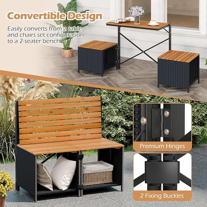 HAPPYGRILL 2-in-1 Outdoor Storage Bench Convertible Picnic Table and Chairs Set with Metal Frame, Acacia Wood Rattan Patio Loveseat for Garden, Backyard, Porch, Deck