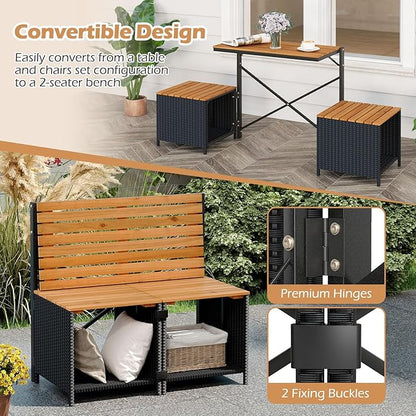 HAPPYGRILL 2-in-1 Outdoor Storage Bench Convertible Picnic Table and Chairs Set with Metal Frame, Acacia Wood Rattan Patio Loveseat for Garden, Backyard, Porch, Deck