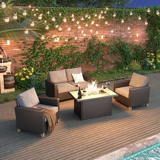 Grand patio Sofa Sets 5PCS, Patio Furniture with Fire Pit Table, Luxury Wicker, Brown