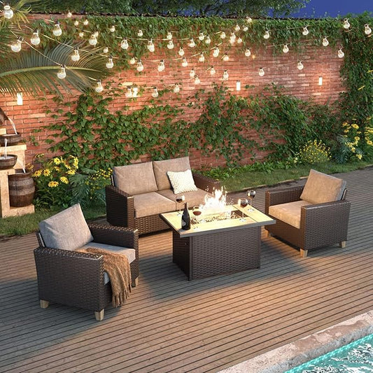Grand patio Sofa Sets 5PCS, Patio Furniture with Fire Pit Table, Luxury Wicker, Brown