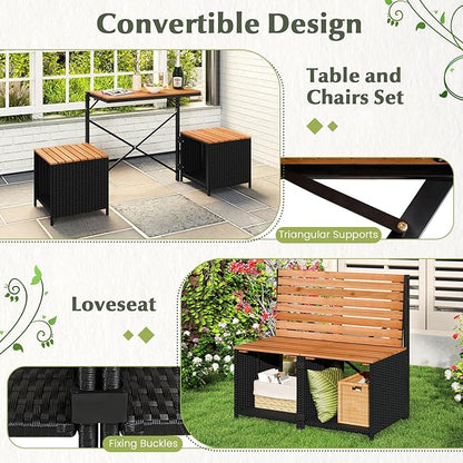 Tangkula 2-in-1 Outdoor Convertible Bench, Transforming Interchangeable Picnic Table Garden Loveseat with Metal Frame, PE Rattan Acacia Wood Foldable Table and Chairs Set for Porch, Backyard & Deck