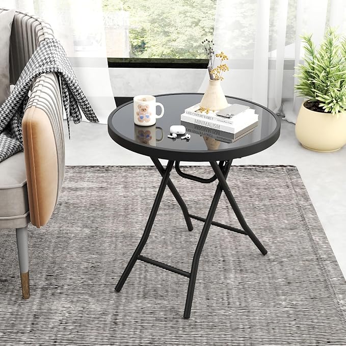 Giantex Folding Outdoor Side Table with Tempered Glass Tabletop & Metal Frame, Portable 18” Round End Table for Patio - Photo 4