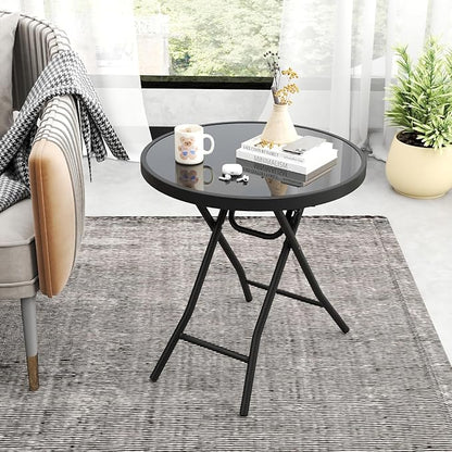Giantex Folding Outdoor Side Table with Tempered Glass Tabletop & Metal Frame, Portable 18” Round End Table for Patio, Sofa Side, Yard, Porch, Poolside Living Room, Black