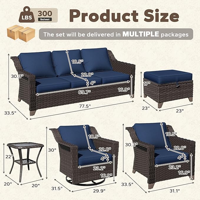 11 Pieces Patio Conversation Furniture Set - 1 Sofa, 2 Ottoman, 2 Armchairs, 4 Swivel Chairs, 2 Side Tables - Photo 2